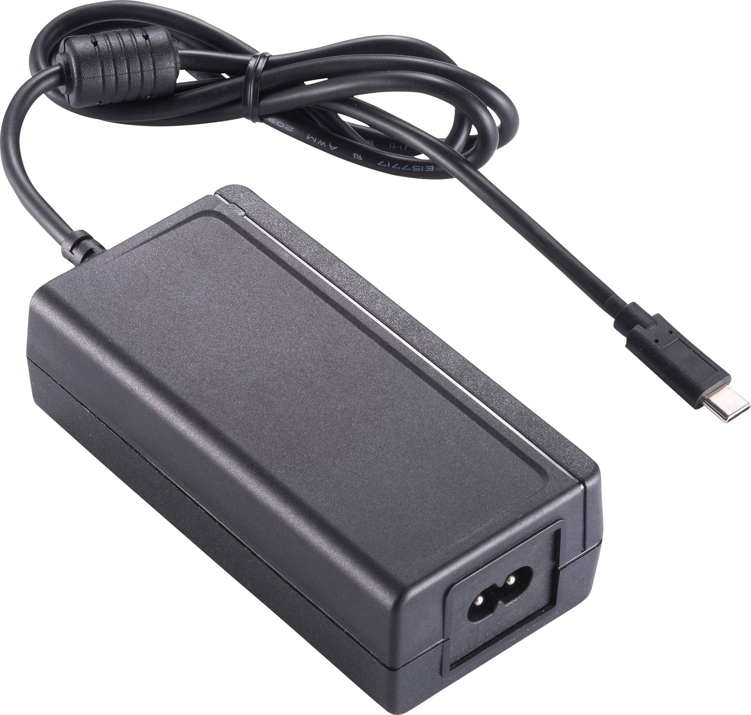 Crni mrežni adapter s USB-C priključkom. Ima dugi kabel s okruglim utikačem za napajanje uređaja.
