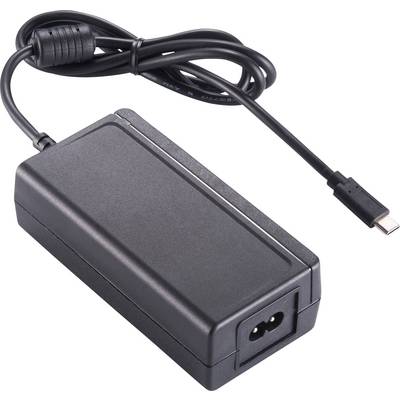 Crni mrežni adapter s USB-C priključkom. Ima dugi kabel s okruglim utikačem za napajanje uređaja.