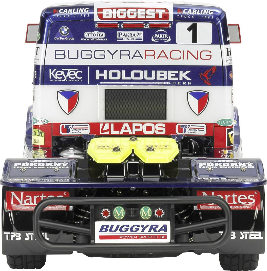 Stražnji dio velikog utrkaćkog kamiona s nekoliko sponzorskih logotipa i uočljivim natpisom 'BUGGYRA RACING'.