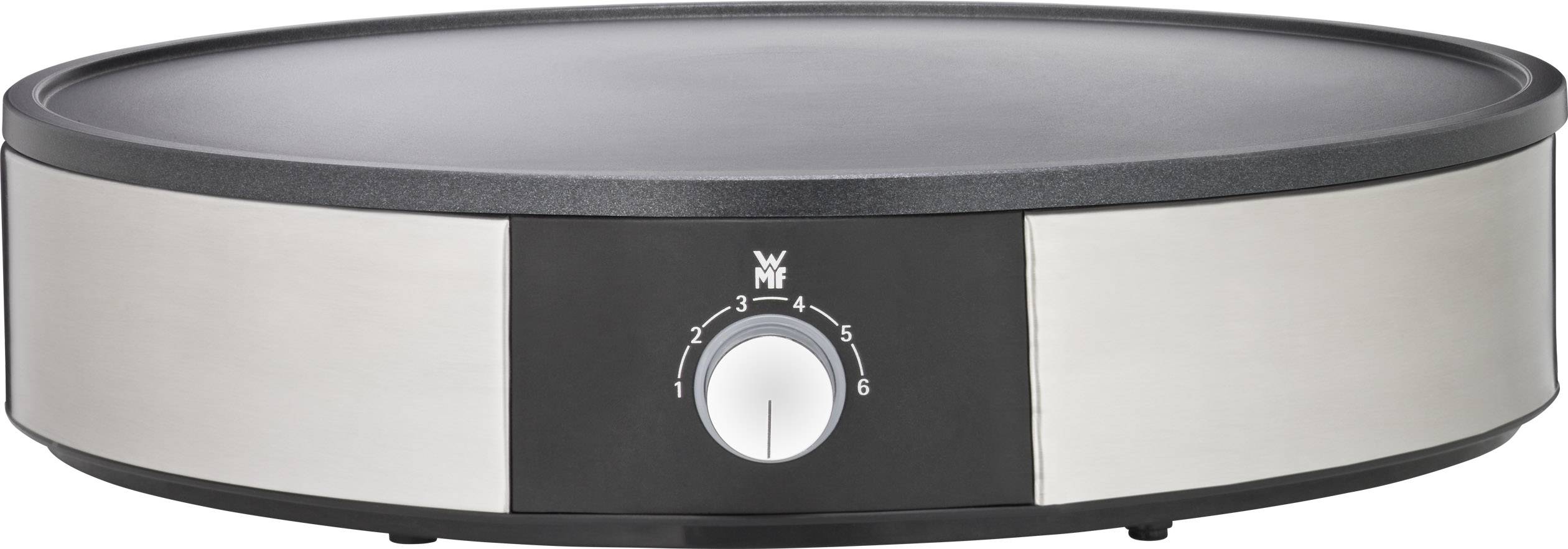 Električni aparat za palačinke od nehrđajućeg čelika sa okruglom, ravnom površinom za pečenje i regulatorom temperature.
