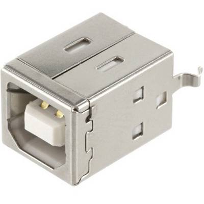 Metalni USB-B utikač, kvadratnog oblika, četiri priključne točke. Pogodan za priključivanje uređaja, tipična IT primjena.