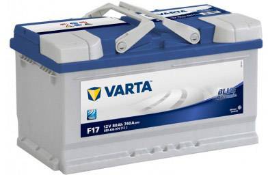 Autobaterija marke Varta, model F17, 12V 80Ah 740A, plavo-bijelo kućište s ručkom za nošenje, pogodan za vozila.