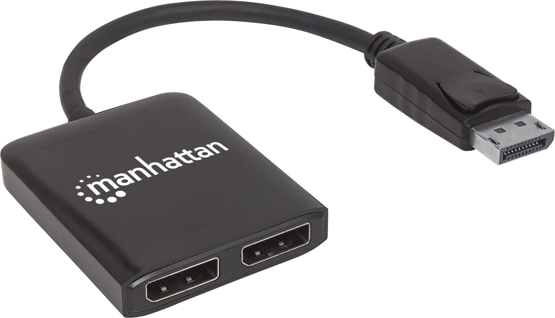 Crni DisplayPort adapter od Manhattana s dva izlaza za zaslon, pogodan za spajanje monitora s računalom.
