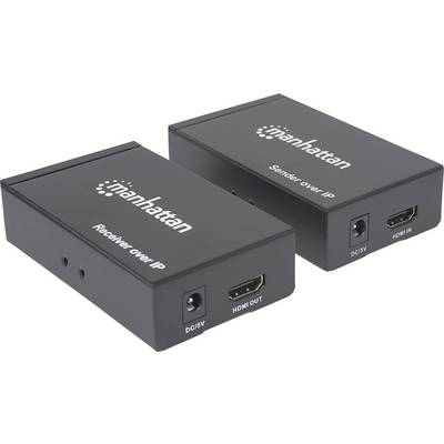 Dva crna uređaja s natpisom 'Receiver over IP' i 'Sender over IP' tvrtke Manhattan, s HDMI i DC5V priključcima.