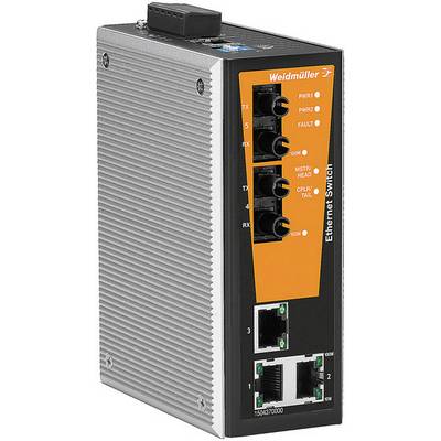 Ethernet-switch marke Weidmüller s više priključaka, LED indikatorima za statusni prikaz i rebrasto kućište za odvođenje topline.