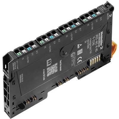 Industrijski elektronički modul s više priključaka i natpisima između ostaloga i na engleskom jeziku, narančasta sigurnosna lokacija lijevo.