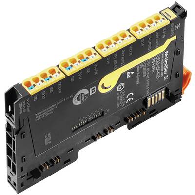 Industrijski elektronički modul sa žutim i narančastim priključcima. Tekst sadrži tehničke specifikacije poput CE oznake i broja modela.