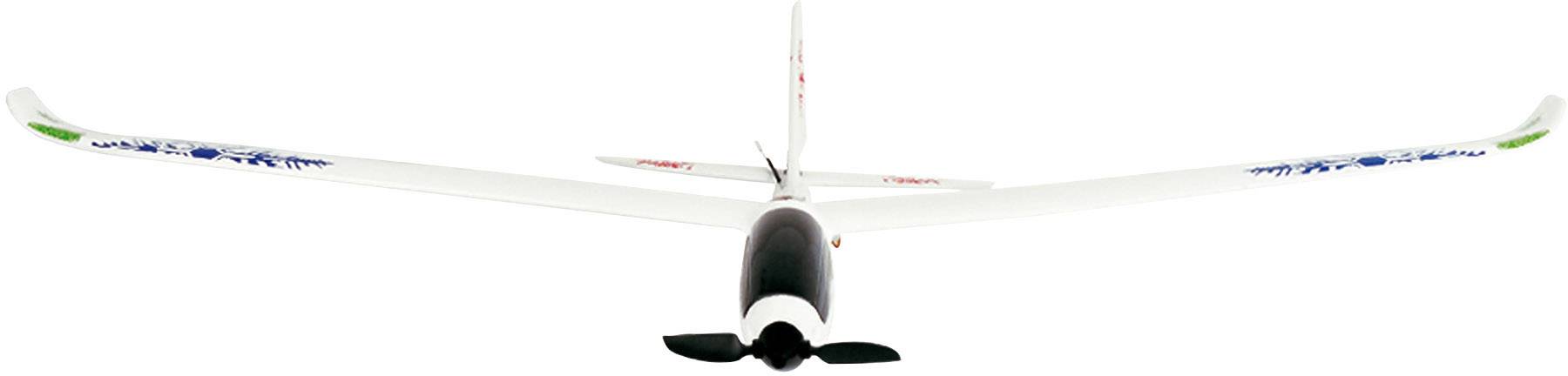 Bijeli modelarski avion dugih krila, crnim propelerom i obojenim oznakama na krajevima krila.