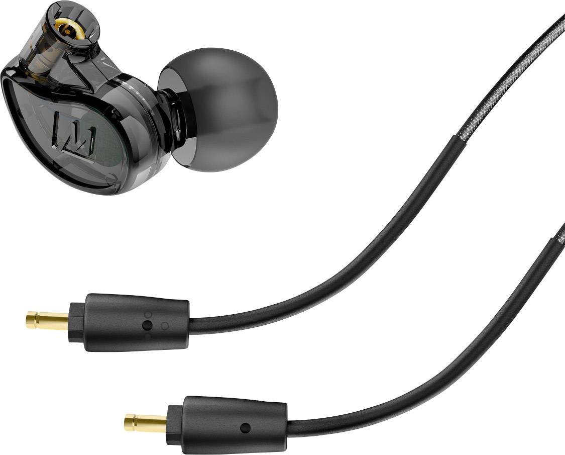 Crni in-ear slušalice s uklonjivim kabelima koji na krajevima završavaju zlatnim utikačem.
