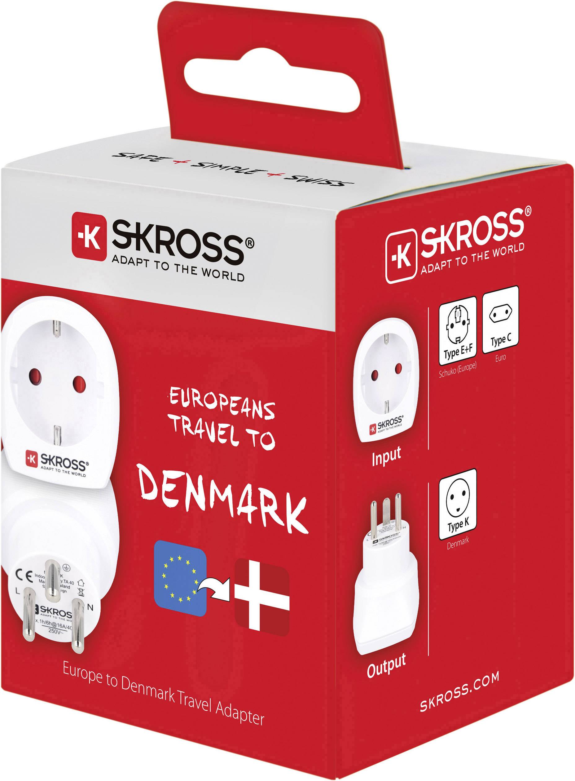 Putni adapter 'SKROSS' za Dansku. Crvena kutija s ilustracijama i zastavama EU-a te danske zastave, prikazuje utikače tipa E i tipa K.