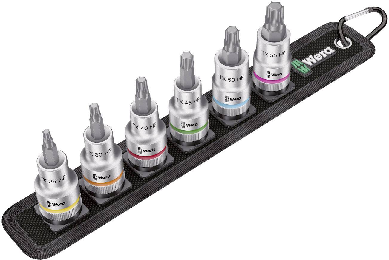 Set od šest Wera Torx bitova različitih veličina, poredanih u crnom nosaču s karabinom za pričvršćivanje.