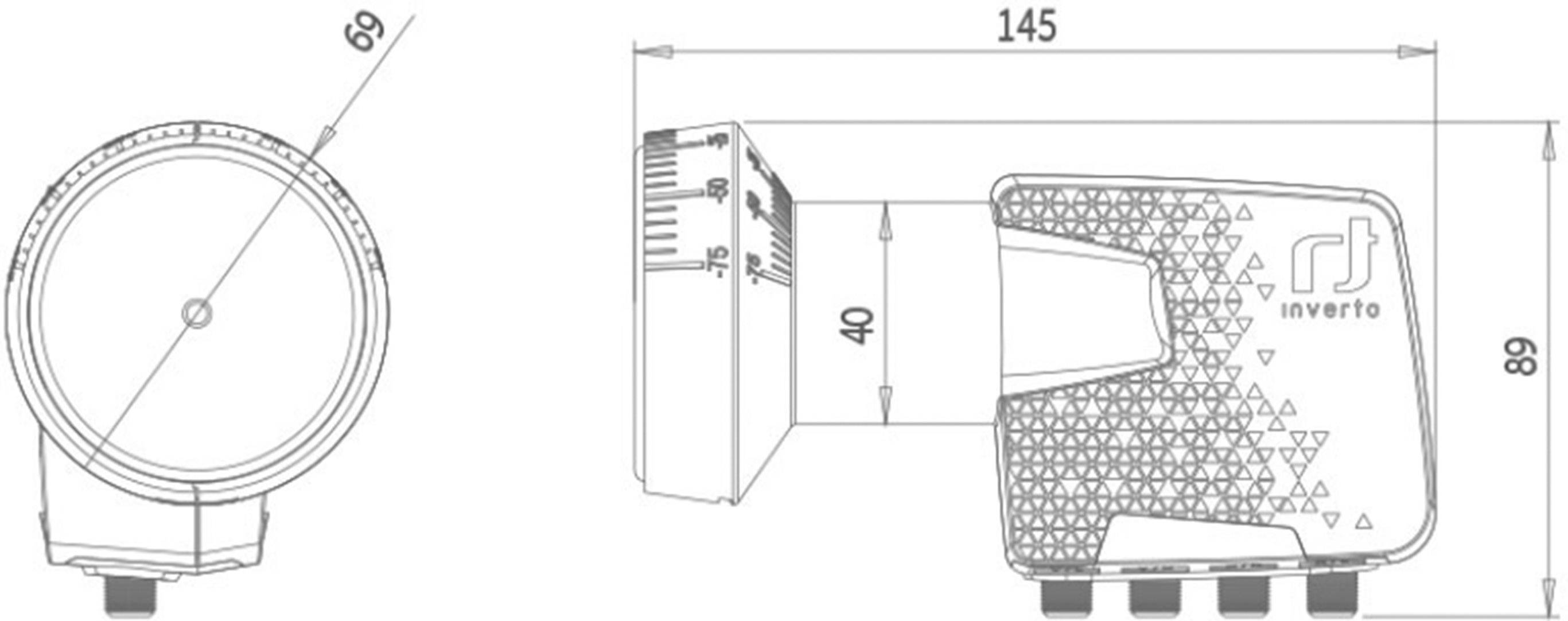 Nacrt elektroničkog uređaja s više prikaza. Dimenzije: 145 mm širine, 89 mm visine, 40 mm dubine. Lijevo kružni prikaz.