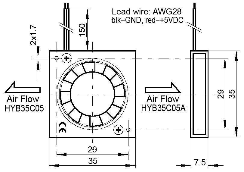 Tehnički nacrt ventilatora s dimenzijama: 35x35 mm. Specifikacija strujnog kabela: 'Priključni vodič: AWG28, crn=GND, crveni=+5VDC'. Naznačeni smjerovi strujanja zraka.