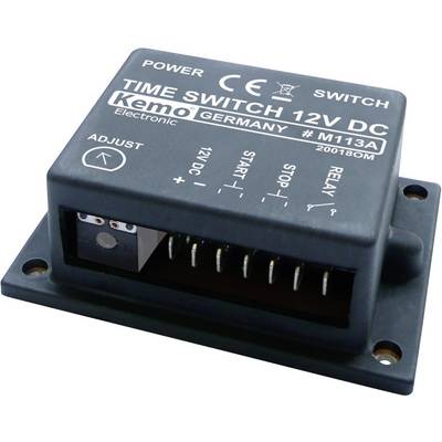 Elektronički tajmer tvrtke Kemo, model M113A, 12V DC. Prikazuje priključke i kontrole za podešavanje vremena.