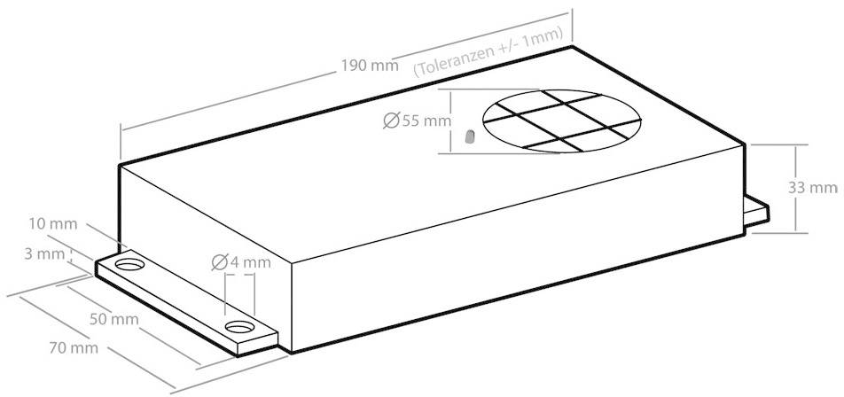 Tehnički nacrt pravokutnog kućišta s otvorom za ventilaciju. Dimenzije: 190 mm x 70 mm x 33 mm. Dodatne dimenzije: 50 mm, 70 mm, 3 mm.