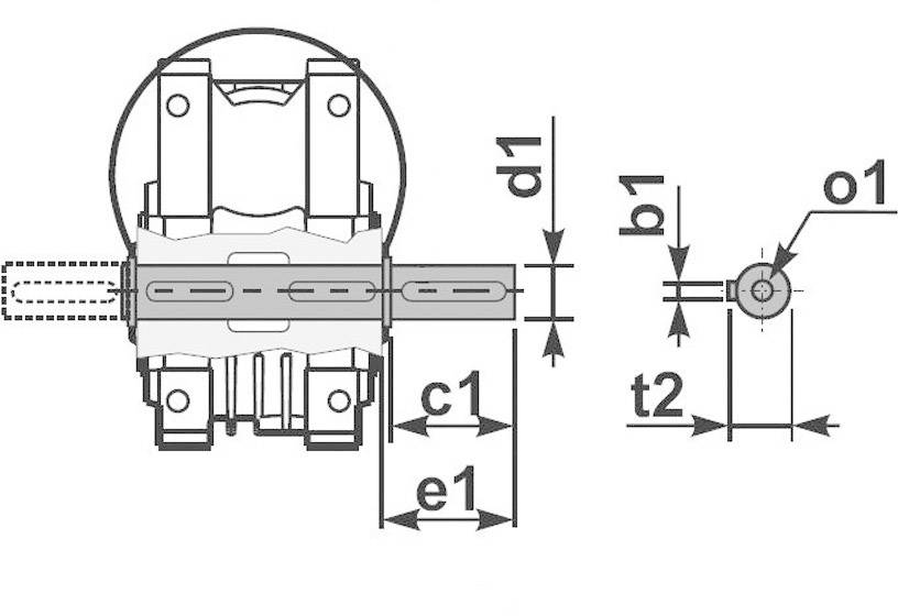 Tehnički nacrt mehaničkog dijela s dimenzijskim oznakama: d1, b1, o1, c1, e1, t2. Prikaz prikazuje detaljne mjere i veze.