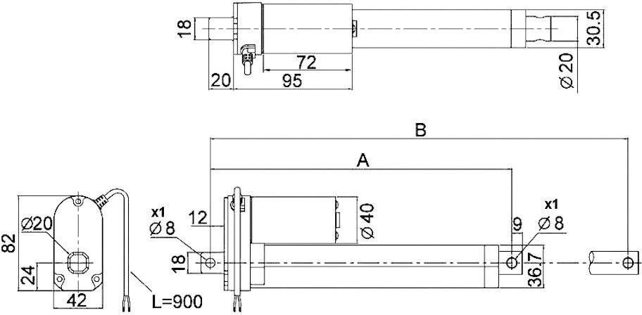 Tehnički nacrt linearnog pogona s dimenzijama: ukupna duljina L=900 mm, promjer 20 mm. Prikazuje različite poglede i mjere.