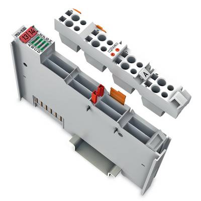 Elektronički modul za montažu na DIN šinu, sivo kućište, pogled odozgo. Nekoliko stezaljki za električne spojeve vidljivo.