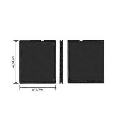 Dva kvadratna objekta dimenzija 42,80 mm x 36,40 mm. Čini se da su tehnološke komponente ili kućišta.