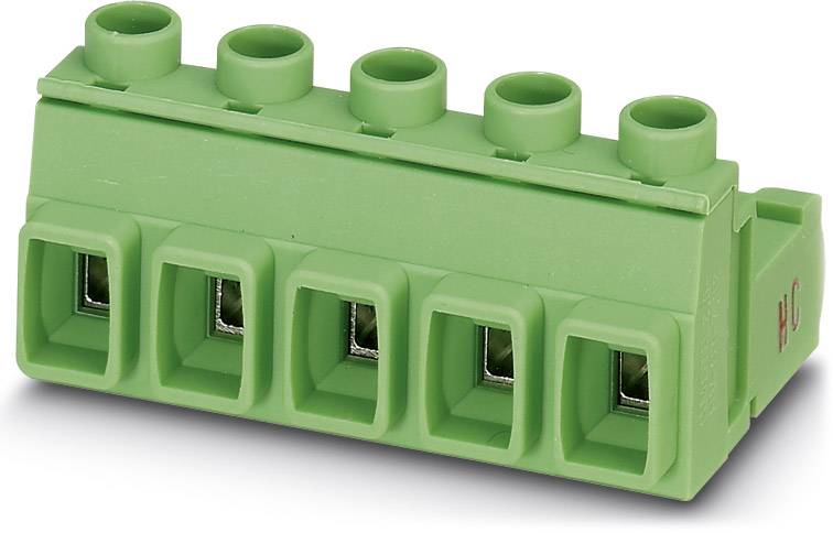 Zeleni utičnica s pet priključnih mjesta, bočni pogled. Koristi se za električno spajanje u razvodnim ormarima.
