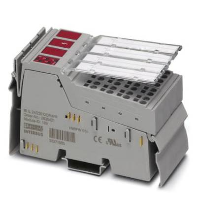 Siva elektronička jedinica s više priključaka i crvenim oznakama na vrhu. Prikazuje tehničke detalje sa strane.
