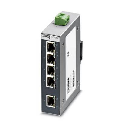 Ethernet switch s pet mrežnih priključaka u sivom kućištu. Na vrhu se nalazi zeleni priključak za napajanje.