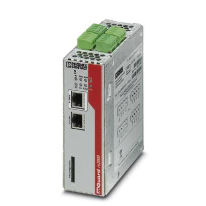Srebreni industrijski mrežni uređaj s nekoliko zelenih priključaka na vrhu, dva Ethernet porta sprijeda i natpisima sa strane.