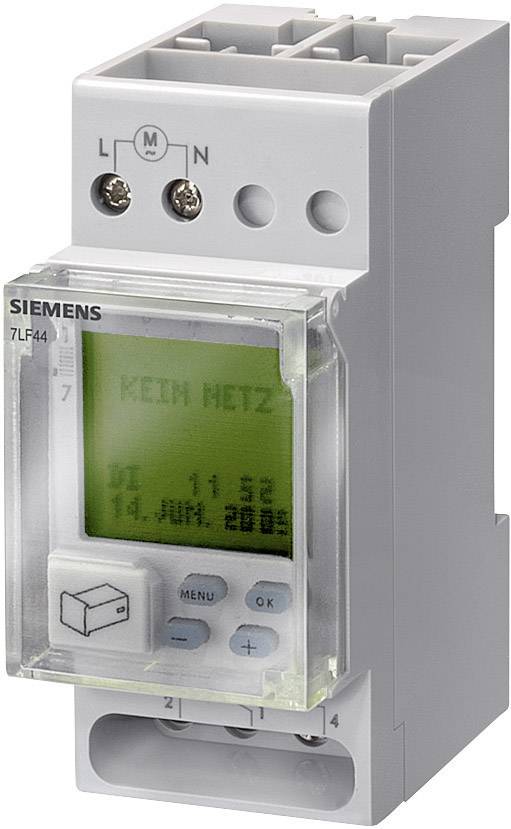 Elektronički Siemens-vremenski relej s prikazom za upravljanje preklopnim procesima, zeleni zaslon prikazuje datum i vrijeme.