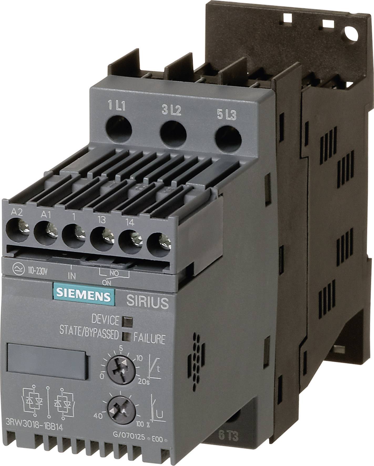 'Schütz' od Siemensa, model SIRIUS 3RW3016-1BB14. Električki element za upravljačke sustave. Crno kućište s priključnim stezaljkama.