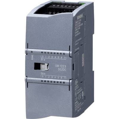 Sivi Siemens SM 1223 DC/DC modul, upotrebljiv za proširenje upravljačkih sustava, prikazuje priključke i statusne indikatore.