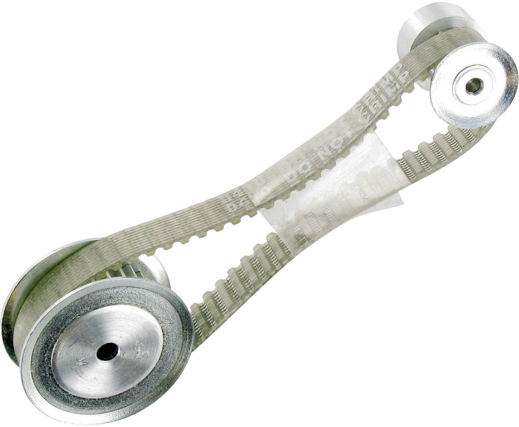 Na slici je zupčasti remen s dvije metalne disk koje služe kao usmjerivačke rolnice. Remen služi za prijenos rotacijskog gibanja.