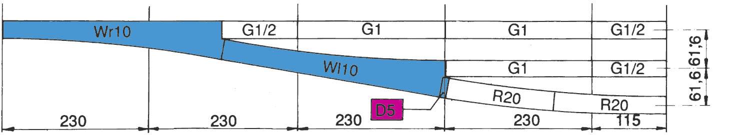 Tehnički nacrt prikazuje tok kanala s različitim širinama i oznakama poput 'Wr0', 'G1', 'W/10', 'DS', 'R20'.