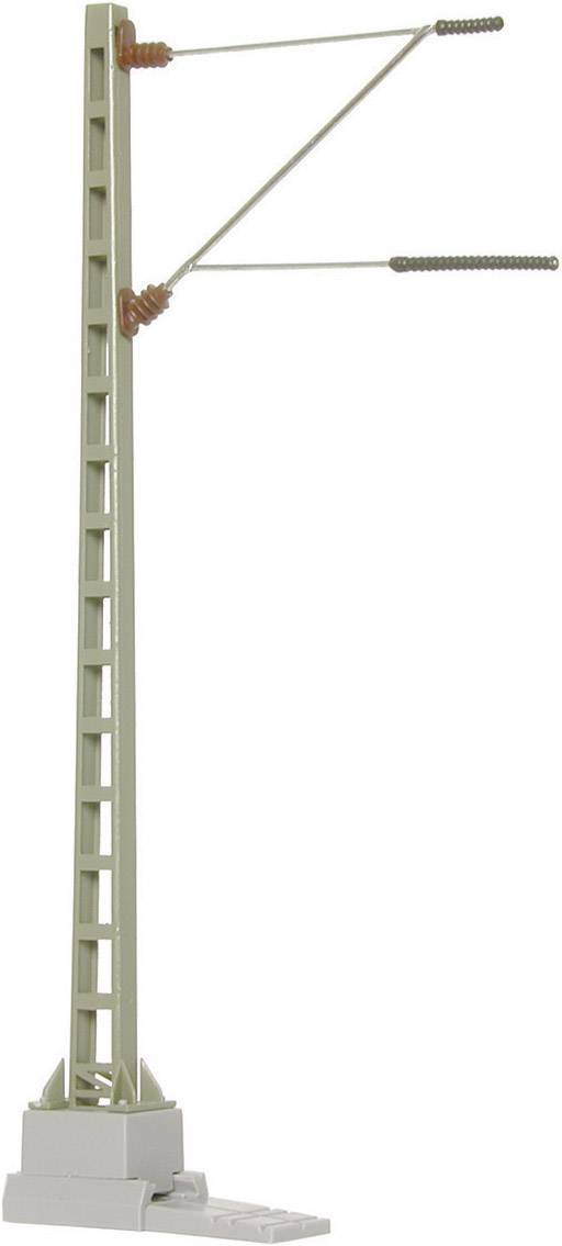 Modelna željeznička kontaktna mreža od plastike, sastoji se od sivog stupa s poprečno postavljenim vodovima za napajanje strujom.