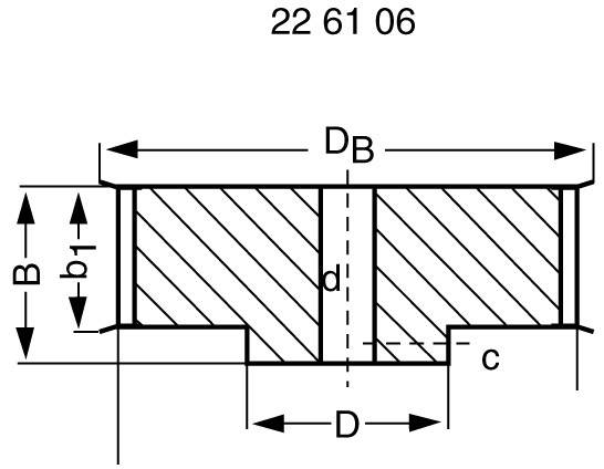Tehnički crtež prirubnице s mjerama: B, b1, c, D, DB, d. Poprečno prugasti uzorak ukazuje na materijal.