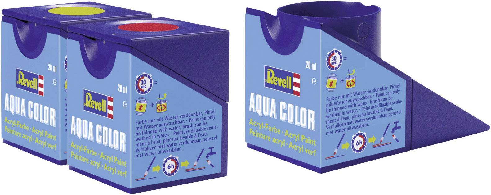 Dvije Revell Aqua Color limenke u plavoj boji sa šiframa boja i poklopcima. Tekst na pakiranju: 'Pogodan za airbrush i kist'