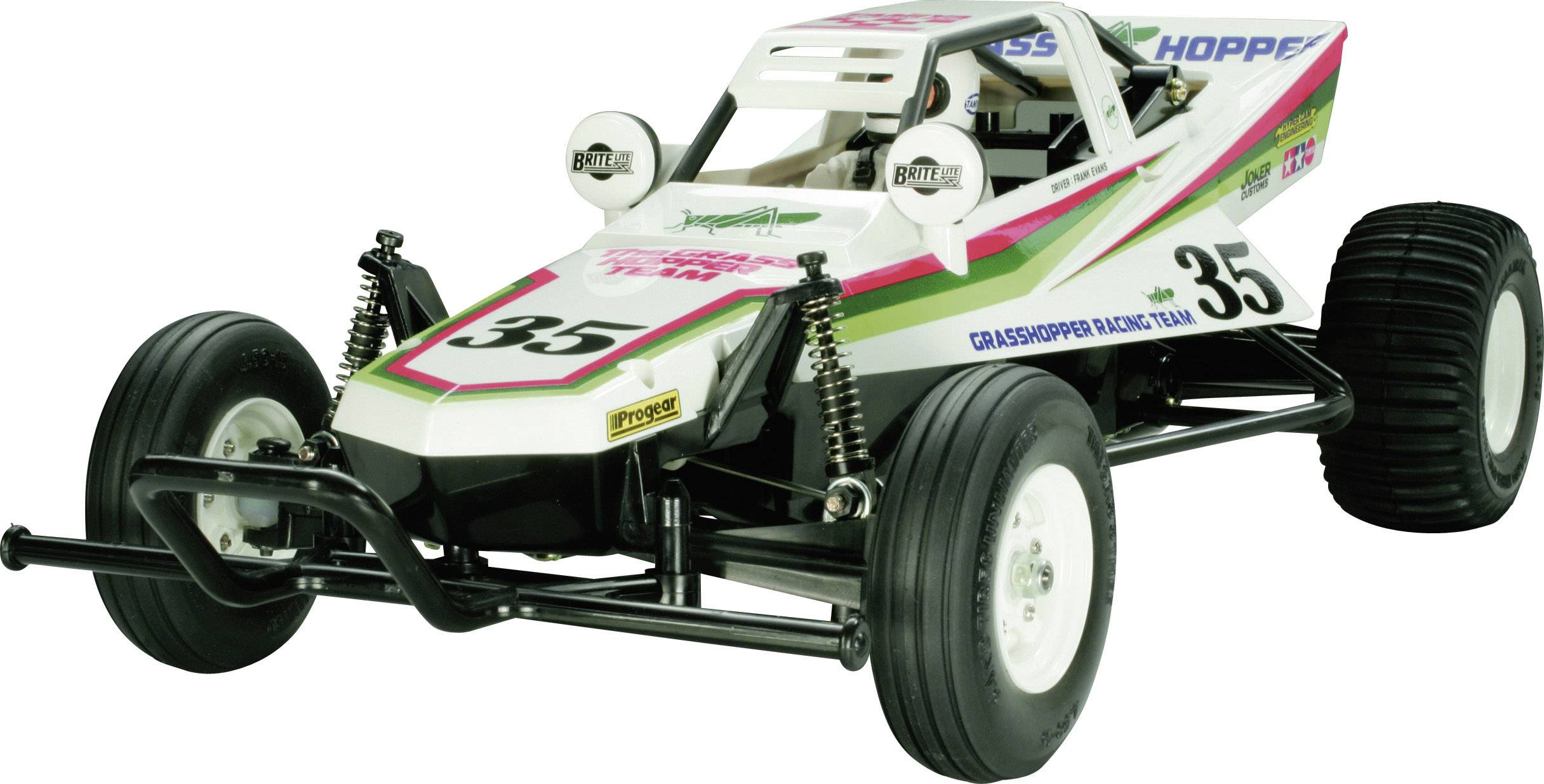 Bijeli modelni buggy s natpisom '35' sa strane, zeleno-ružastim prugama, robusnim gumama i amortizersima.
