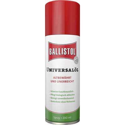 Sprej univerzalnog ulja marke Ballistol s crvenim poklopcem. Tekst na sprisu: 'Provjereno i nadvišeno', sadržaj 200 ml.