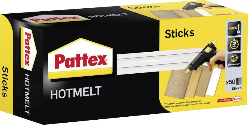 Pakiranje Pattex Hotmelt-a prikazuje pištolj za ljepljenje i štapove ljepila. Sadrži 50 transparentnih štapova prikladnih za temperature do 6°C.