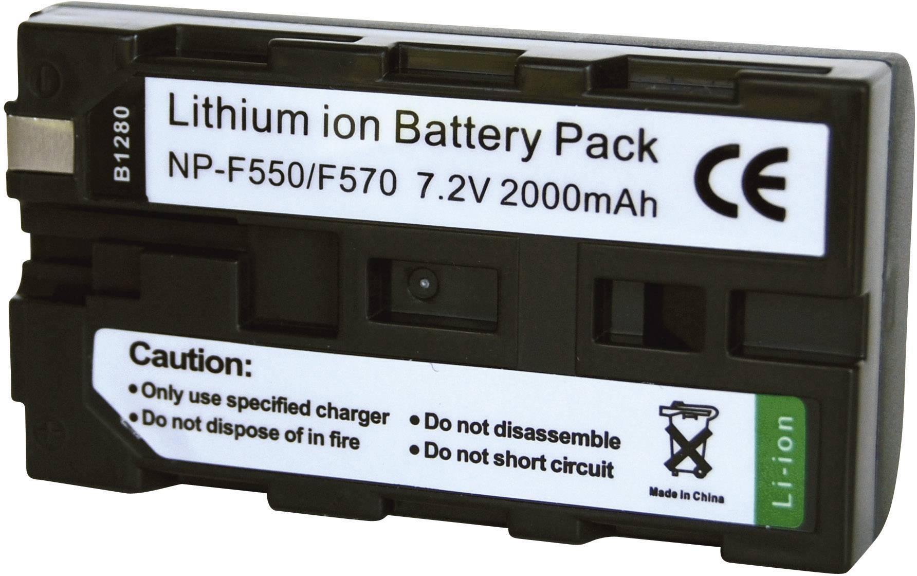 Litij-ionska baterija s natpisom 'Litij-ionski baterijski paket NP-F550/F570 7,2V 2000mAh'. Sigurnosna upozorenja: Koristiti samo naznačeni punjač, ne rastavljati, ne bacati u vatru, ne uzrokovati kratki spoj.
