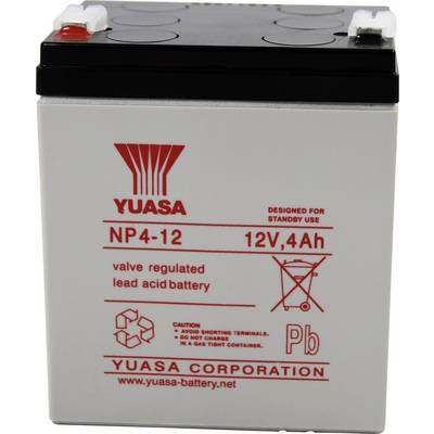 Baterija s natpisom 'YUASA NP4-12', 12V, 4Ah, ventilski regulirana, olovnog tipa. Razvijena za standby uporabu, sigurnosne napomene u nastavku.