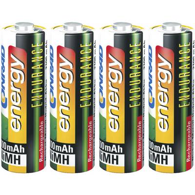 Četiri uspravne AA baterije s natpisima 'energy ENDURANCE', 'Rechargeable' i '1000 mAh NiMH', pred bijelom pozadinom.