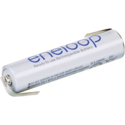 Bijeli, cilindrični akumulator s plavim natpisom: "eneloop". Natpis: "Spremno za korištenje punjiva baterija".