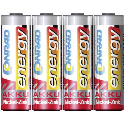Pet AA baterija s natpisom 'CONRAD energy AKKU Nickel-Zink', poredanih jedna do druge, prikazuju šareni dizajn.