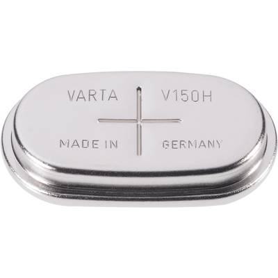 Srebrna gumbasta baterija s natpisom 'VARTA V150H'. Oznake: plus znak, 'Made in Germany'.