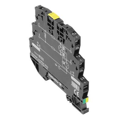 Crna elektronička komponenta s više priključaka i simbola, slična jedinici osigurača, na bijeloj pozadini.