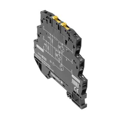 Crna elektronička komponenta sa shematskim prikazom strujnog kruga, dva žuta štipaljke gore. Koristi se u električnim instalacijama.