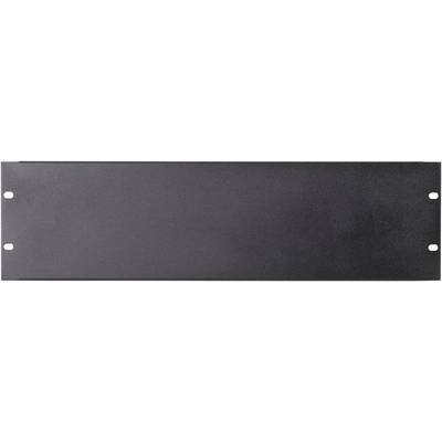 Crni metalni slijepi panel za rack ormar, pravokutnog oblika s četiri rupe za vijke, koristi se za prekrivanje neiskorištenih mjesta za ugradnju u rack ormar.