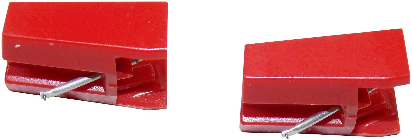 Dvije crvene igle za gramofon, jedna veća i detaljnija, druga manja. Obje prikazuju srebrni picked za reprodukciju.