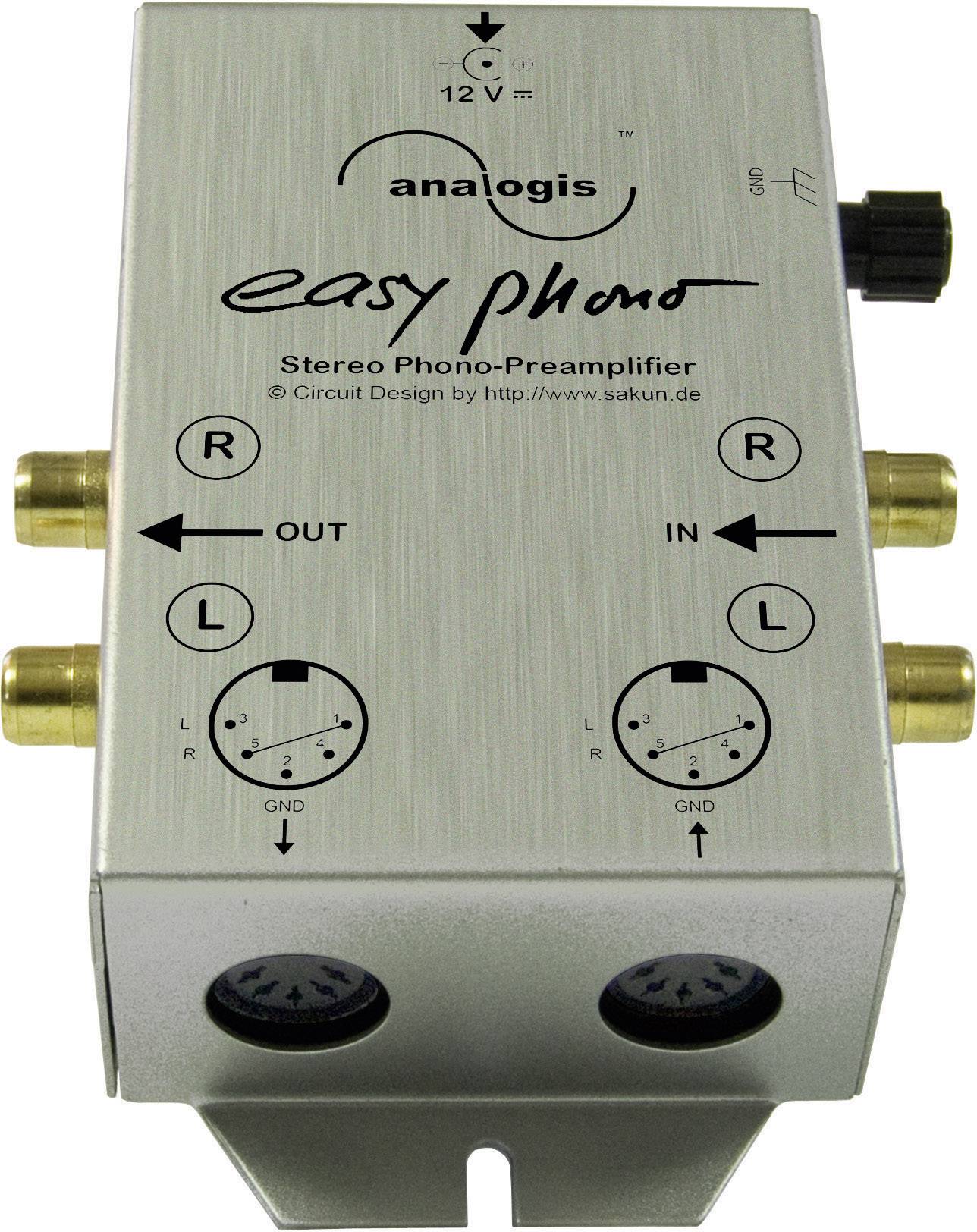 'Analogis easy phono' stereo-fono predpojačalo sa ulaznim i izlaznim priključcima, regulatorima i uputama za spajanje.