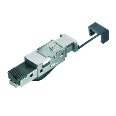 Srebrni RJ45 utikač s crnim poklopcem. Koristi se za spajanje mrežnih kabela.
